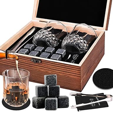 MEEQIAO Piedras de Whisky, 8 Piedras para Enfriar, 2 Vasos, 2 Posavasos, 1 Caja de Madera, 1 Pinza para Hielo de Acero Inoxidable, 1Bolsa de Almacenamiento, para Papá, Esposo, Amigos (Madera)