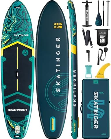 Skatinger Tabla de remo inflable súper ancha de 11 pies 6 x 35 pulgadas, tabla de surf ancha ultra estable para 2+1 personas/familia/tamaño grande con correa de hombro, mochila de 100 L, tabla de surf