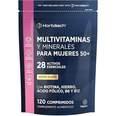 Multivitaminas Mujer 50 Años | 28 multivitaminas, minerales y botánicos esenciales | 120 Tabletas Vegetarianas con vitamina C para la formación normal de colágeno, biotina, B6 y B12 | by Horbaach