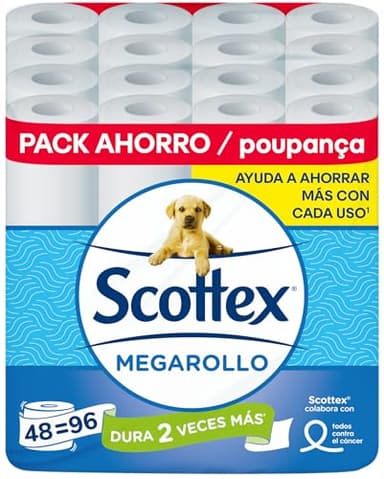 Scottex Papel Higiénico Megarollo (Doble rollo) 48 rollos equivalen a 96 rollos regulares - (4 packs de 12 rollos)