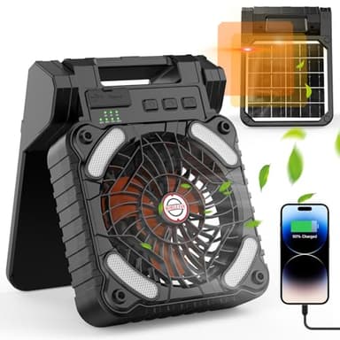 iYeHo Ventilador de camping alimentado por energía solar con linterna LED, batería recargable de 10400 mAh, portátil, temporizador, carga de teléfono y ventilador ecológico, para camping, pesca, corte
