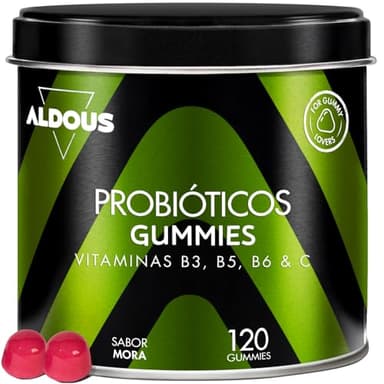 Probióticos Intestinales Gominolas - 120 Gummies sabor natural a Mora - Flora intestinal, Gases, Hinchazón - Bifidobacterium, Lactobacillus, Vitamina C, B3, B5, B6 - ALDOUS