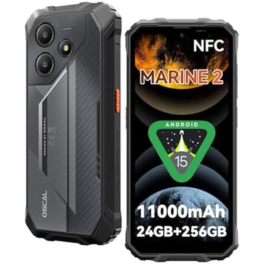 OSCAL Marine 2 Movil Resistente Android 15, 24GB RAM+256GB ROM(TF 2TB) Móvil Irrompible, Batería 11000mAh Teléfono Movil, 6,56" HD+ 90Hz, Cámara AI, IP68/IP69K, NFC/OTG/GPS/Huella Dactilar/Face ID