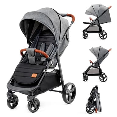 kk Kinderkraft GRANDE PLUS Silla de Paseo ligera desde Nacimiento hasta 22 kg, Plegado con una sola mano, Posición tumbada, Suspensión de todas ruedas, Capota grande XL, Grigio