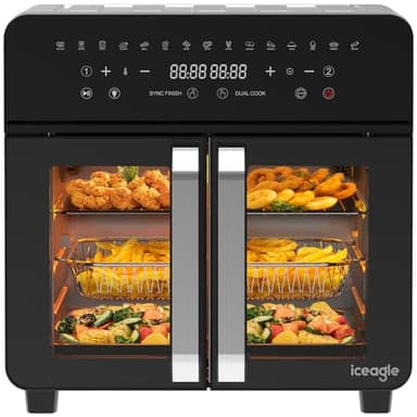 iceagle Freidora de Aire 23L Dual Zone – XXL Freidora Sin Aceite con Ventanas Dobles | Horno Air Fryer, 15 Programas, 2200 W, 12 Accesorios, Separador Extraíble para Cocción Flexible, 50-200℃