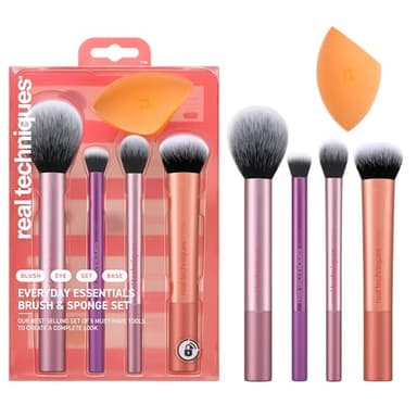 Real Techniques Kit de esponjas de maquillaje Everyday Essentials, brochas de maquillaje y esponja mezcladora de maquillaje, para base, colorete, bronceador, juego de 5 piezas