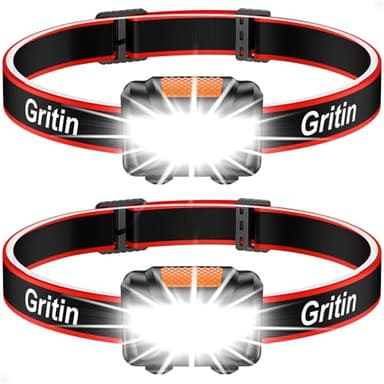 Gritin Linterna Frontal LED, [2 Pack] Linterna Cabeza COB Super Brillante con 3 Modos, Ligera y Impermeable para Correr, Acampar, Pescar, Ciclismo
