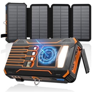 SOARAISE-Solar-Power-Bank-27000mAh-Cargador-Solar – Inalámbrico con 4 Cables y 4 Paneles Solares, USB Carga Rápida Cargador Portátil 5 Salidas 2 Entradas para Smartphones Tabletas (Naranja)