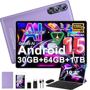 fezawio Android 15 Tablet 10 Pulgadas Gemini AI, Tablet PC Octa-Core, 30 GB RAM + 64 GB ROM (1TB TF), 3.5mm Audio/GMS/WiFi 6 & BT 5.0 / 6000mAh / GPS/Widevine L1, Tableta con Teclado-Morado