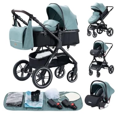 GLOKID Carrito bebé 3 Piezas, Carro, Carrito bebé 3 en 1, Silla Paseo, Sistema de viaje, Plegable, neumáticos de caucho, Con accesorios, Góndola, Adaptateurs 25 kg (Verde)