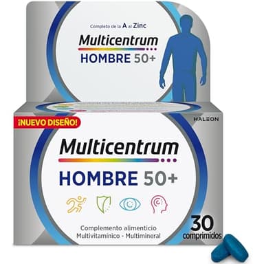 Multicentr+B2:K2um Hombre 50+ Complemento Alimenticio Multivitamínico y Multimineral Para Hombres 50+, Con Magnesio y Vitamina C, Sin Gluten, 30 Comprimidos