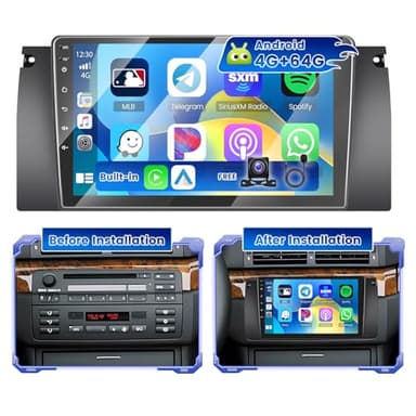 Hikity 4G+64G Android 15 Radio Coche para BMW Serie 5 (X5/E39/M5/E53) 1996-2003 con Pantalla Táctil de 9 Pulgadas, Radio 2 DIN con Carplay Android Auto inalámbrico Radio FM/RDS BT GPS WiFi + Cám+Mic