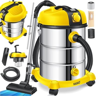MASKO® Aspiradora industrial en seco y húmedo, de acero inoxidable, 2300 W, con enchufe, función de soplado, Push&Clean, con y sin bolsa, sin bolsa, amarilla