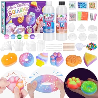 Highttoy Kit Squishy Silicona Líquida Luminoso Bricolaje, 480ml AB Proporción 1:1 Squishy Goma de Silicona avec 6 Moldes y Accesorios, Juguetes Sensoriales Antiestrés, Regalos Niños 6+ Años