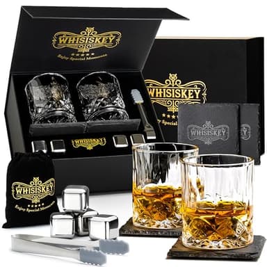 Whisiskey - Set de Accesorios de Whisky - Regalos Originales para Hombre - Cubitos Hielo Reutilizables - Regalo Hombres - Incl: 2 Vasos, 4 Piedras de Whisky, Posavasos, Pinzas para Hielo