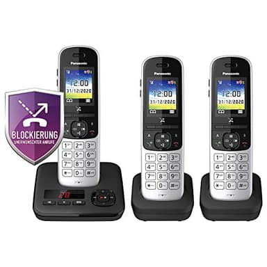 Panasonic Teléfono inalámbrico KX-TGH723GS con contestador automático, juego de 3 unidades (teléfono DECT, baja radiación, pantalla a color, bloqueador de llamadas, llamadas con manos libres) negro