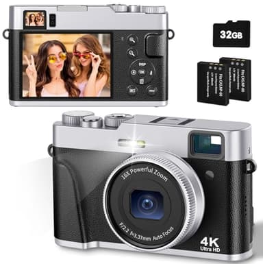 CAMKORY Camara de Fotos Digital 4K 48MP Autofoco Tarjeta 32G Visor Optico Cámara Digital Compacta Fácil de Usar Zoom 16x Flash Estabilización Imagen Ligero para Principiante 2 Baterías Negro