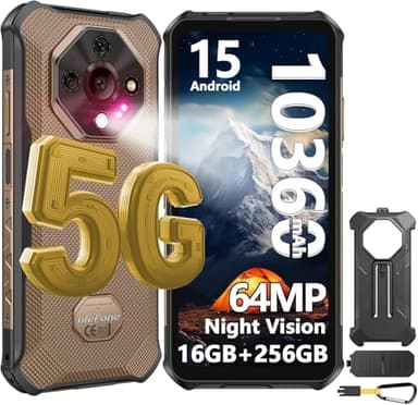 Ulefone Armor X16 Pro 5G Movil Irrompible 2025, Android 15 Móvil rugerizado 10360 mAh/33W, 64MP+Visión Nocturna, 16GB+256GB/2TB Móvil Resistente 6.56'' FHD+/120Hz, IP68 Movil Doble SIM/NFC/Linterna