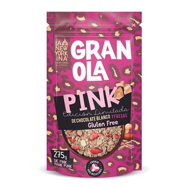 La Newyorkina Granola Sin Gluten Pink 275g Con Chocolate Blanco y Fresas