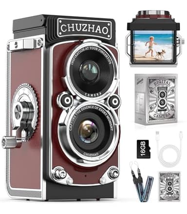 CHUZHAO - Cámara Digital Retro: cámara Vintage portátil Estilo TLR de Doble Lente, Enfoque automático de 12 MP 1080P FHD para apuntar y Disparar de Bolsillo, cámaras Digitales Retro con Tarjeta de 16
