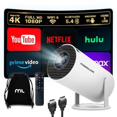 [Apps Integradas] 2025 Actualizado Proyector Portátil 1920x1080P 4K Soporte Videoproyector Dual Control TV WiFi 6 BT5.2 180° Rotation HDMI/TV Stick/USB/PS5/Laptop, con Cable HDMI y Bolsa de Transporte