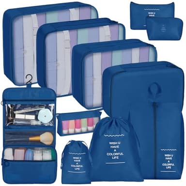 Coolzon Organizador Maleta de 11 Piezas, Impermeable Packing Cubes Bolsas, Organizador de Equipaje Bolsa de Almacenamiento de Viajes Organizadors Equipaje de Compresión, Azul Oscuro
