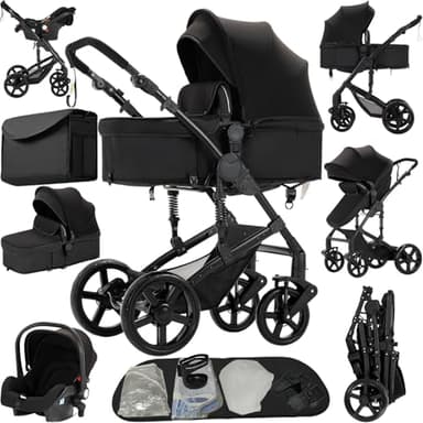 Reenborn Carrito Bebe 3 en 1, Carro Bebe con Dos Modos de Empuje Reversibles, Cochecito Bebe 3 Piezas con Marco de Aluminio, Carricoche Bebe con Diseño Plegable con Un Solo Clic (588 Black)