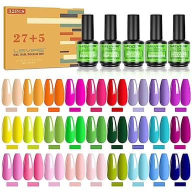 32Pcs Pintauñas Semipermanentes Kit, Popular Summer Colores Esmalte Semipermanente Gel UV LED con Base, Top Coat Brillante y Mate y Esmalte de Gel de Ojo de Gato y Removedor de Esmalte de Uñas, 15ML