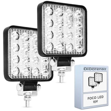 Didarenba Foco led 12v 24v 2 piezas aluminio abs 48W 16 led 6500K 10.5 cm 4.21" faros largo alcance focos tractores 4x4