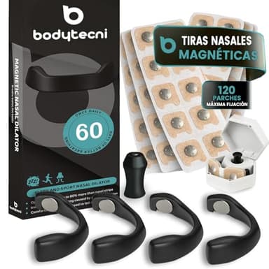 Bodytecni® Tiras Nasales Magnéticas PRO Edition | Megapack 120 Parches + Caja de Almacenamiento | Dilatador Nasal Antirronquidos para Dormir y Respirar Mejor | Máxima Adhesión para Deporte y Descanso