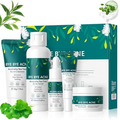 Árbol de Té Set de Cuidado de la Piel, Set de Cuidado Diario de la Piel con Limpiador, Gel, Crema, Limpieza y Cuidado Facial, Reduce el Acné y Mejora los Poros, para Adolescentes y Mujeres