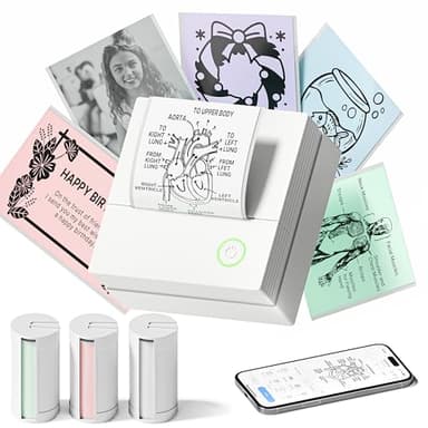 TYPONOS Impresora de Pegatinas PM290 Mini Impresora para Smartphone, Impresora térmica Bluetooth Mini con 3 Rollos de Papel, Mini Impresora para Notas de Estudio, Diarios, Regalos DIY – Escuela