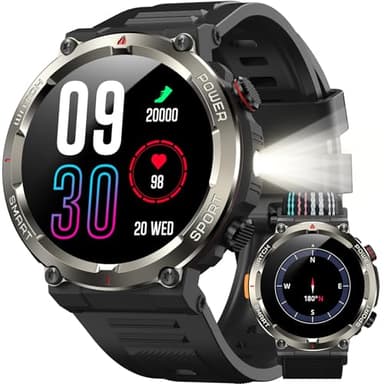 IOWODO Reloj Inteligente Hombre con Llamadas, 1.45" Militar Smartwatch con Linterna y Brújula, 960mAh Batería, 123 Modos Deporte, Monitor Cardíaco 24h/SpO2/Sueño, IP68, 2 Correas(iOS/Android)