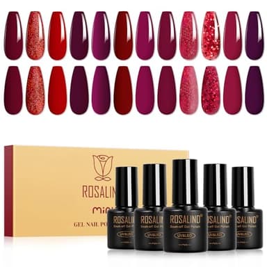 ROSALIND Esmaltes Semipermanentes Rojo, 12 Colors Burdeos Oscuro Rojo Glitter Pintauñas Semipermanentes, Soak Off UV LED Esmaltes Gel Nail Art Manicure Regalo