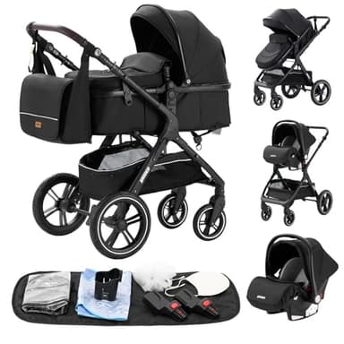 GLOKID Carrito bebé 3 en 1, Carro, Carrito bebé 3 Piezas, Silla Paseo, Sistema de viaje, Plegable, neumáticos de caucho, Con accesorios, Góndola, Adaptateurs, 25 kg (X1 Nero)…