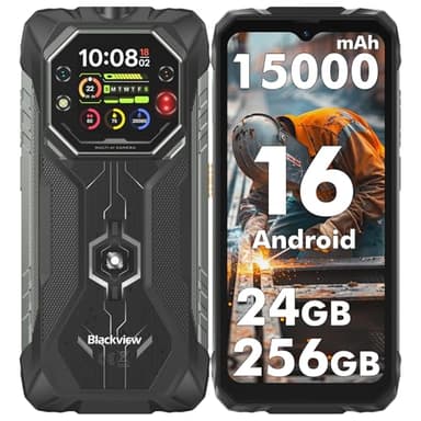 Blackview Rock 1 Movil Irrompible Android 16, 24GB+256GB Movil Indestructible, 15000mAh, 20MP Visión Nocturna, Gemini AI, 6.56" HD+ 2.01" Pantalla, IP69K Impermeable,NFC/OTG/GPS/3 Años de garantía