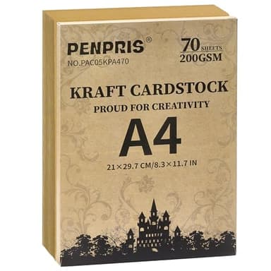 70 Hojas de Papel Kraft Marrón, 200 g/m² (75 lb), Tamaño A4, Papel de Cartulina de Doble Cara de Gran Gramaje para Impresora, Fabricación de tarjetas, Manualidades y álbumes de recortes PAC05KPA470