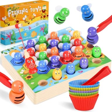 Ophy Juego de Pesca Magnético Juguetes de Madera -Montessori Juguete Educativo para Niños de 3 4 5 6 años Juego de Combinación de Colores & Clasificación Motricidad Fina Juegos con Vasos Apilables