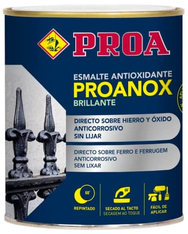 Esmalte antioxidante directo sobre óxido BRILLANTE. Negro RAL 9005. 250 ML. Pintar sobre hierro y óxido sin necesidad de imprimación. PROANOX.