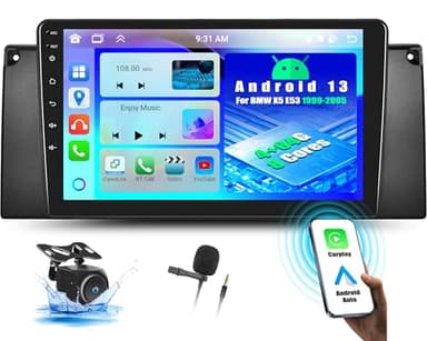 OiLiehu 4+64G 8 Core Android 13 2 DIN Radio Wireless Carplay Android Auto para BMW X5 E53 1999-2005 Pantalla Radio Coche 9 Pulgadas con Mirror Link Bluetooth GPS FM RDS WiFi SWC DSP/EQ+Cámara