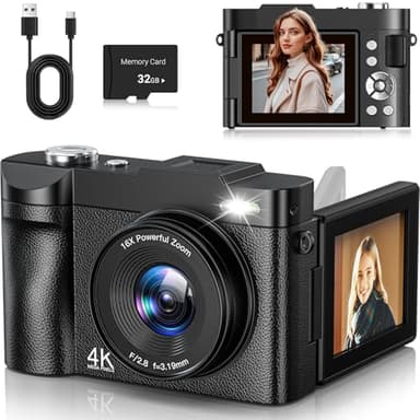 Cámara Digital 4K 50MP Cámara de Fotos Zoom Digital 16X Cámara Fotográfica 2.8" 180 ° Flip Pantalla Vlogging Cámara Compacta con Tarjeta De 32 GB para Principiantes Adolescentes