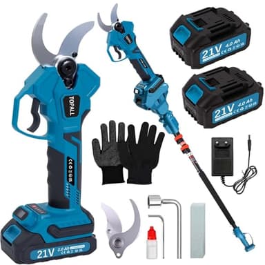 TOPALL Tijeras de Podar Electricas, 40MM Tijeras de Podar Bateria con Palo Telescópicas – Hasta 5M de Alcance, Profesionales Podadora Electrica con 2x4000mAh | 800W Motor Sin Escobillas | Pantalla LCD