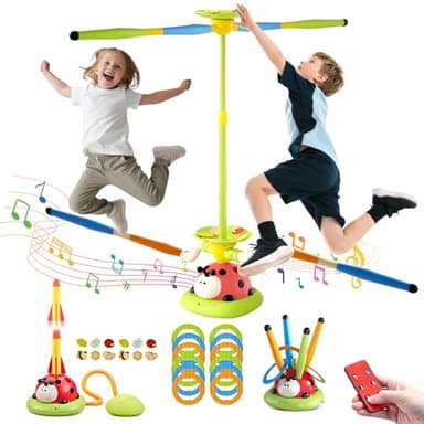 RoserRose 5 en 1 Juegos Exterior Niños, Cohete Juguete, Salto Musical, Juego de Lanzamiento, Esquivar y Saltar, Juguetes Jardin con Mando a Distancia, Juegos de Exterior para Niños 3 4 5 6 7 8 Años