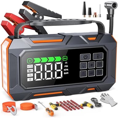 TREKURE 14 en 1 6000A Arrancador de Coches con Compresor de Aire 160 PSI, Nuevo Kits de Emergencia, Arrancador de Baterias de Coche con Luces Multimodo y Guantes Aislantes(para All Gas o 12L Diesel)