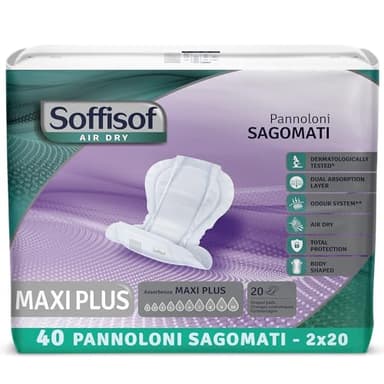 Soffisof Air Dry Maxi Plus Compresas Absorbentes para Hombre y Mujer - 40x Pañales para Adultos - 2 Paquetes de 20 Protecciones Incontinencia - Absorción 10 Gotas