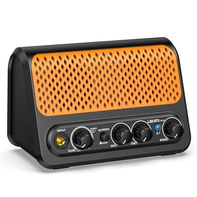 LEKATO - Mini amplificador de guitarra, amplificador de guitarra eléctrica portátil de 10 W con canal de limpieza y sobremarcha, reverberación y conectividad Bluetooth (negro-naranja)