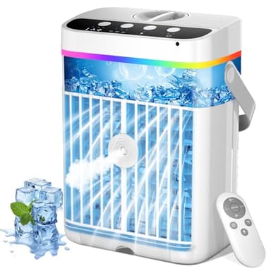 Aire Acondicionado Portatil, 1250ml Mini Aire Acondicionado, USB 4 en 1 Aire Acondicionadode 1/2/3 H, 3 Velocidades, 3 Niveles de Bruma, 7 Colores Enfriadores de Aire para el Hogar Habitación Oficina