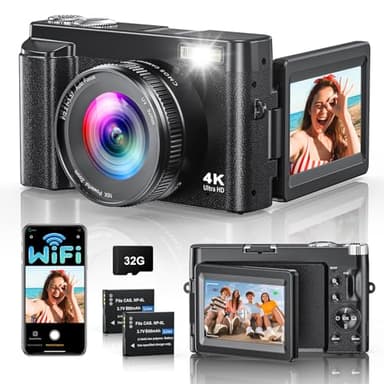 4K 64MP FHD Cámara Digital con Transferencia WiFi, Cámara de Fotos con Tarjeta de 32GB, Cámara Compacta Zoom 16X y 2 Baterías, Recargable Compacta Portátil Cámara para Principiantes