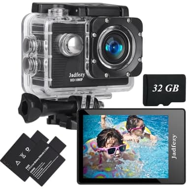 Jadfezy Cámara Deportiva HD 1080P con 32 GB Tarjeta de Memoria, Cámara subacuática 30M con 140 Grados Gran Angular, Cámara de acción 2 baterías Recargables de 900mAh y Kit de Accesorios