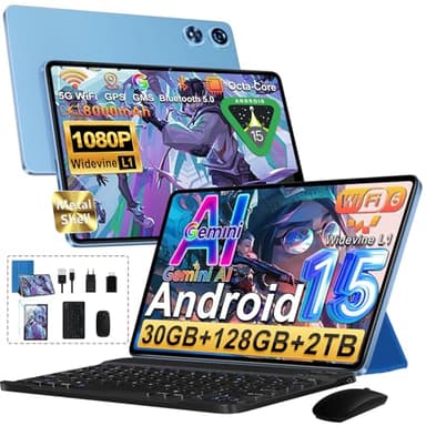 Tablet 10 Pulgadas 30GB+128GB, 8000mAh, Android 15, IPS Pantalla FHD 1080, Procesador Octa-Core, Certificación GMS/ Widevine L1/ Control parental, Tableta PC con Cuerpo de Metal, Teclado y Mouse- Azul